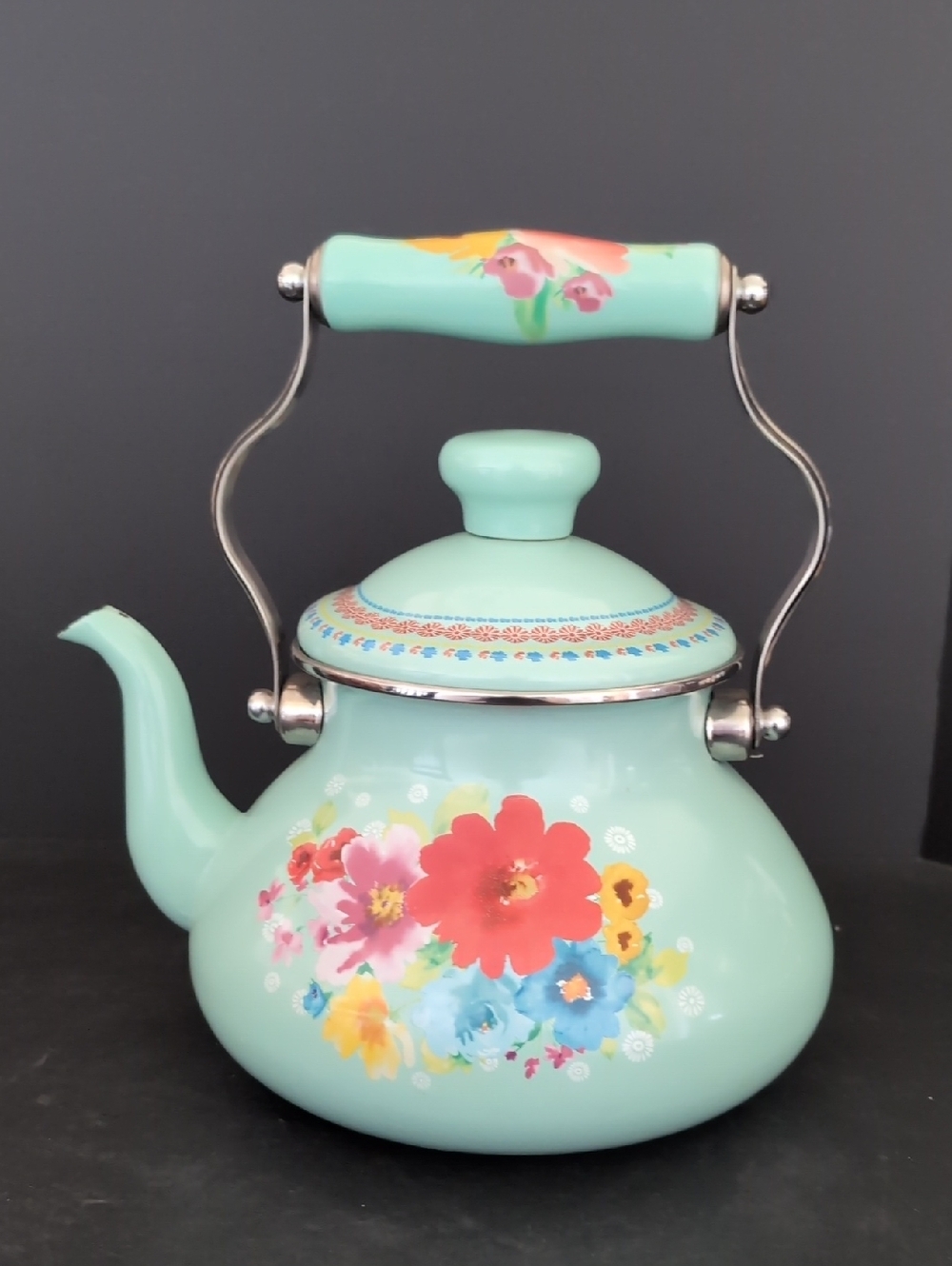 The Pioneer Woman Enamel/Steel Breezy Blossom Turquoise Tea Pot.